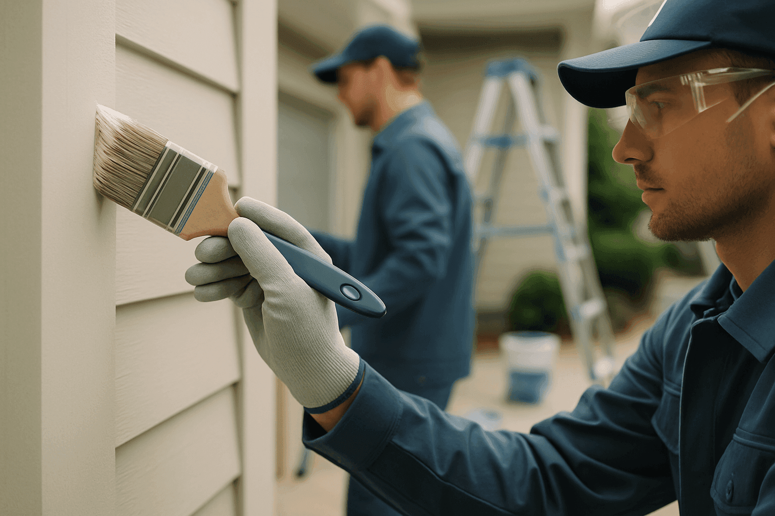 Professional residential painting crew applying paint on a clean home exterior wearing safety gloves and goggles.