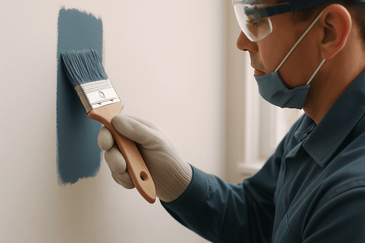 Close-up of painter’s gloved hands applying muted blue-gray paint on a white interior wall safely.